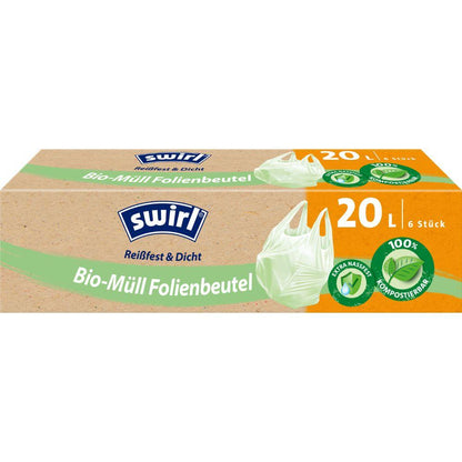 Rolka Swirl biologicky odbúrateľných vreciek na odpad s úchytom (20L, 6 vriec) od Melitta Europa GmbH & Co. KG – odolné voči roztrhnutiu, nepriepustné, certifikované DINplus, kompostovateľné. Zelený obrázok vrecka na obale.