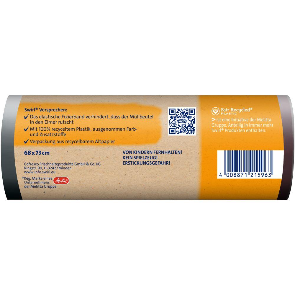 Rolka Swirl upevňovacieho páskového odpadového vreca 60 l, odolného proti roztrhnutiu a nepriepustného (10 vriec) od Melitta Europa GmbH & Co. KG má svetlohnedú nemeckú etiketu, je vyrobená zo 100 % recyklovaného plastu a má elastickú upevňovaciu pásku pre bezpečné uzavretie.