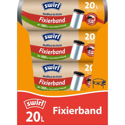 Tri role Swirl Fixierband-odpadkových vakov 20 l Odolný proti roztrhnutiu & Tesný od Melitta Europa GmbH & Co. KG s každou 15 vreckami v oranžovom a zelenom balení, vyrobené zo 100 % recyklovaného plastu a vybavené odolnou fóliou.