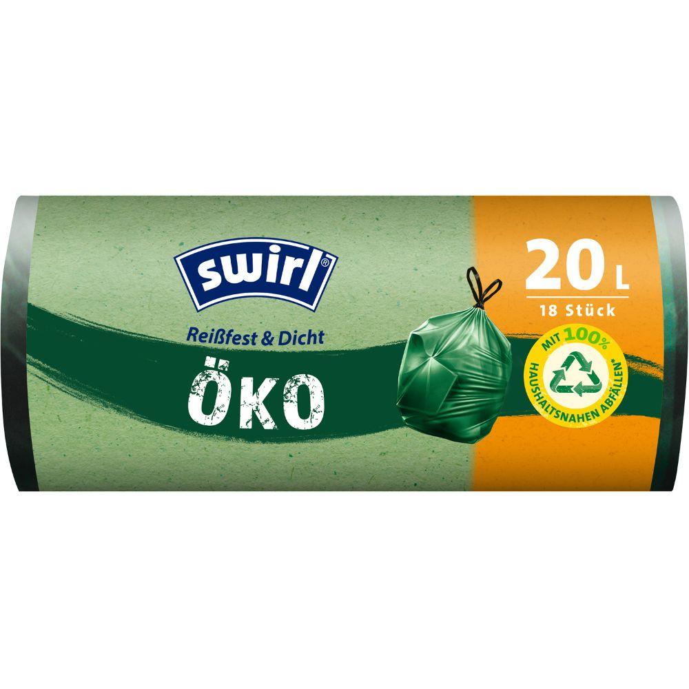 Rolka Swirl eko-vreciek na odpad so šnúrkou 20l Pevné & Tesné od Melitta Europa GmbH & Co. KG obsahuje 18 ekologických vreciek na odpad v zelenej a oranžovej obale s recyklačným symbolom, vyrobené z recyklovaného plastu.