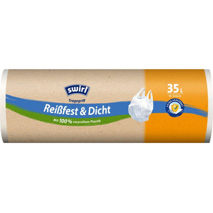 Der Swirl Tragegriff-Müllbeutel 35 l Reißfest & Dicht (15 Beutel/Rolle) der Melitta Europa GmbH & Co. KG wird in einer umweltfreundlichen Verpackung aus 100 % Recycling-Kunststoff für eine nachhaltige Abfallentsorgung geliefert.