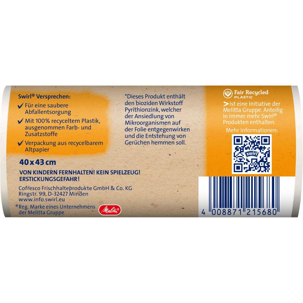 Swirl odpadkové vrecia s úchytkou do kúpeľne a na kozmetiku 10 l od Melitta Europa GmbH & Co. KG sa vyznačujú vrecami zo 100 % recyklovaného plastu, bez farbív/prísad, antibakteriálnymi vlastnosťami, recyklovateľným obalom, čiarovým kódom a QR kódom.