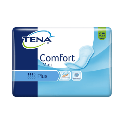 Balenie inkontinenčných vložiek TENA Comfort Mini Plus obsahuje 30 vložiek, ktoré boli vyrobené pomocou najmodernejšej technológie. Balenie je prevažne modré a biele a zobrazuje logo TENA, ako aj symboly, ktoré zvýrazňujú savosť, komfort, kontrolu zápachu a Dry Fast Core pre vynikajúcu ochranu.
