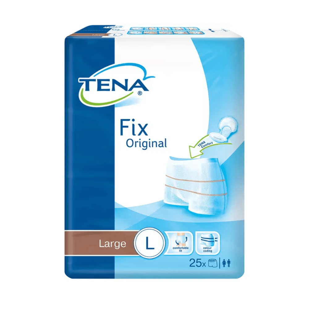 Obal fixačných nohavíc TENA Fix Original vo veľkom formáte zobrazuje logo značky a obrázok produktu. Obsahuje 25 kusov a obsahuje obrázky mužských a ženských symbolov, čo zdôrazňuje jej spoľahlivosť ako osvedčeného produktu na inkontinenciu so spoľahlivou ochranou proti úniku.