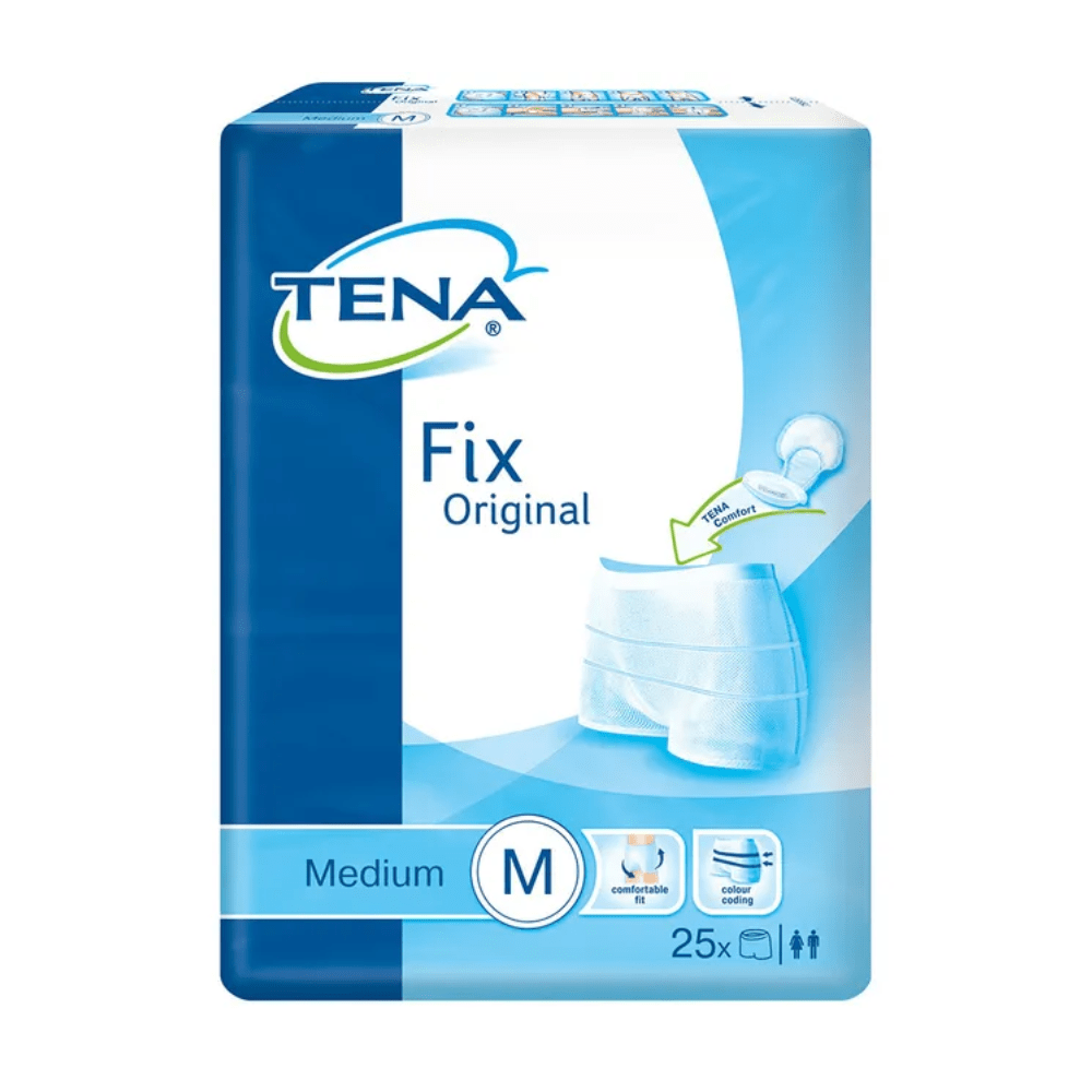 Obal fixačných nohavíc TENA Fix Original v modrej a bielej farbe zobrazuje diagram tohto prémiového produktu. Zdôrazňuje technológiu ochrany proti úniku a upozorňuje, že ide o veľkosť Medium obsahujúcu 25 kusov. Symboly na obale ilustrujú hlavné funkcie pre maximálne pohodlie.