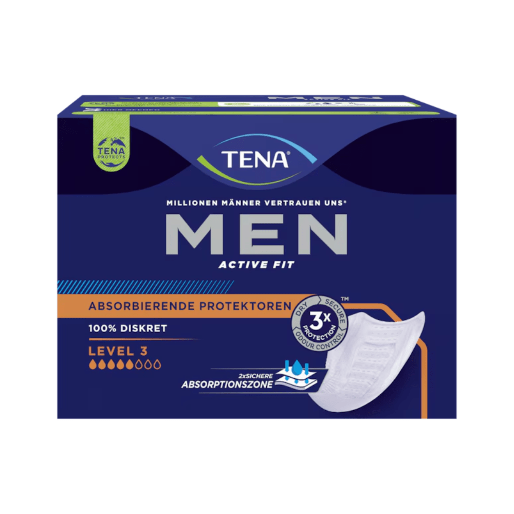 Vložka TENA Men Active Fit Level 3 pre inkontinenciu, zabalená v nápadnej modrej a čiernej farbe, je navrhnutá pre močovú inkontinenciu. Tento produkt od TENA – Essity Germany GmbH zobrazuje grafiku štítu a zdôrazňuje výhody ako trojitú ochranu a absolútnu diskrétnosť, čo ho robí ideálnou voľbou pre mužov, ktorí hľadajú dôveru a pohodlie. Každé balenie obsahuje 16 kusov.