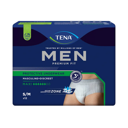 Balenie TENA Men Active Fit Pants Maxi inkontinenčných nohavíc vo veľkosti S/M od TENA - Essity Germany GmbH. Dizajn vyniká mužným a diskrétnym vzhľadom, ideálne pre silnú inkontinenciu s maximálnou savosťou. Zobrazený je obrázok produktu, sprevádzaný textom, ktorý poukazuje na bezpečnú savosť a počet 12 kusov.