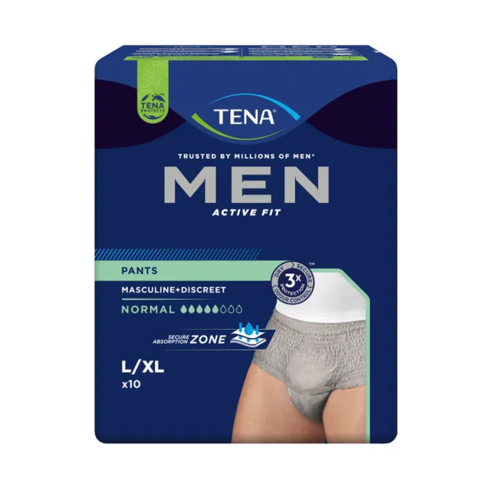 Das Bild zeigt eine Packung TENA Men Active Fit Pants Normal Inkontinenzhose in grau, von TENA – Essity Deutschland GmbH. Die Packung hat die Größe L/XL und enthält 10 Stück. Sie legt Wert auf Merkmale wie ein „maskulines + diskretes“ Design und eine „sichere Saugzone“, wodurch sie perfekt für den sicheren Umgang mit Harnverlust geeignet ist.