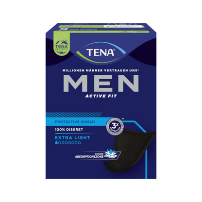 Modrá škatuľka TENA Men Active Protective Shield Extra Light Inkontinenčná vložka (14 kusov) od TENA – Essity Germany GmbH s nápismi „100 % diskrétne“, „extra ľahké“ a „3x ochrana“ v nemčine, ako aj brandingom a obrázkami produktu.