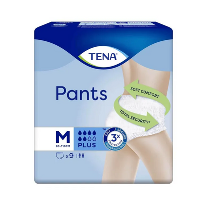 Obrázok balenia TENA Pants Plus ConfioFit inkontinenčných nohavičiek od TENA - Essity Germany GmbH, stredná veľkosť 80-110 cm, s plus savosťou. Balenie zobrazuje osobu, ktorá nosí nohavičky, a zdôrazňuje „Soft Comfort“ a „Total Security“ pre účinnú ochranu pred oslabením močového mechúra. Obsahuje 9 kusov.