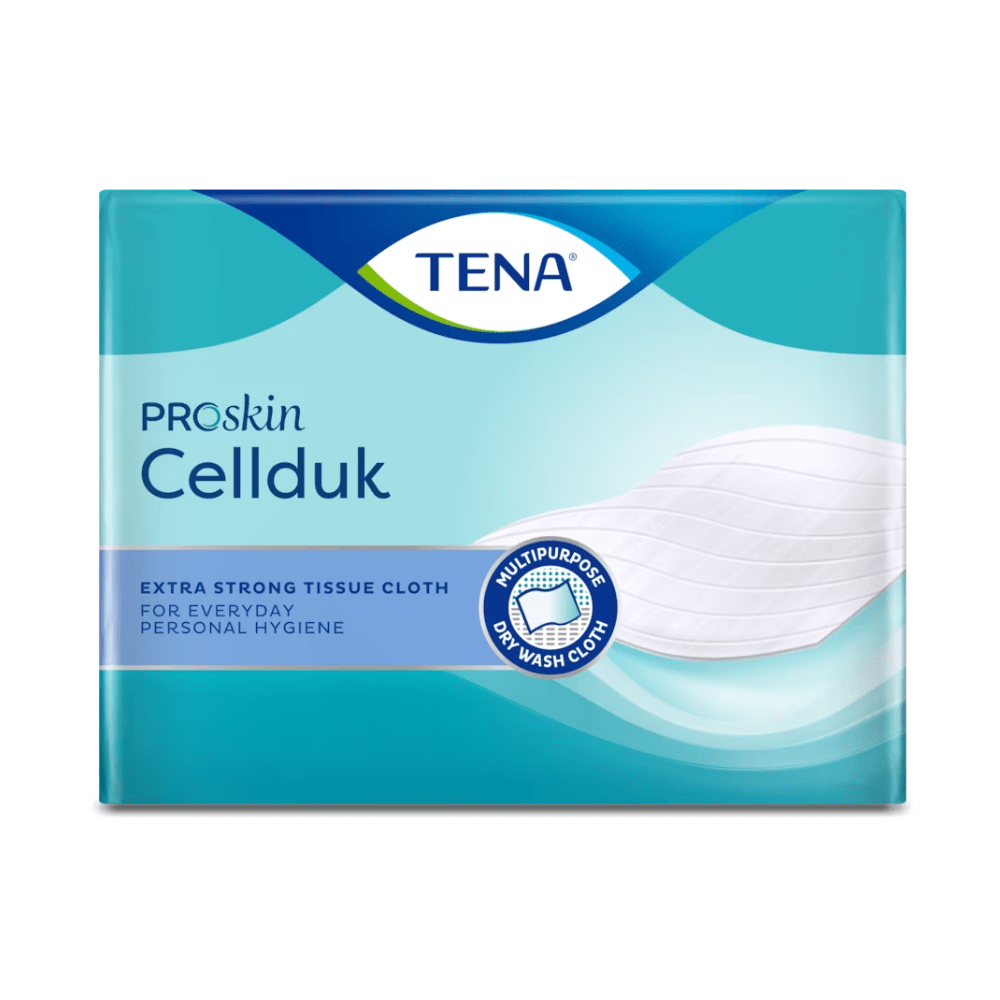 Zobrazený je obal TENA ProSkin Cellduk suchého uteráka 25 x 26 cm v modrej a zelenej farbe. Ukazuje názov produktu a popis: „Extra silná papierová utierka na každodennú telesnú hygienu so zvýšenou odolnosťou proti vlhkosti.“ Obsahuje aj obrázok bielej utierky.