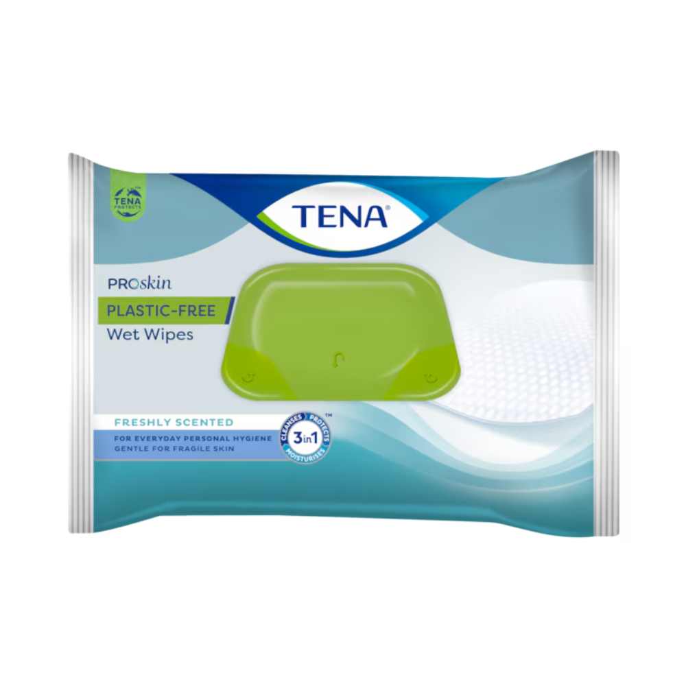 TENA ProSkin Plastic-Free vlhčené obrúsky, ktoré ponúka TENA – Essity Germany GmbH v balení s 48 kusmi, sú dodávané v obale so zeleno-modrým dizajnom a znovu uzatvárateľným zeleným viečkom. Tieto obrúsky sú označené ako čerstvo parfumované, poskytujú ochranu pokožky a vďaka svojej jemnej formulácii sú ideálne pre citlivú pokožku na každodennú hygienu tela.