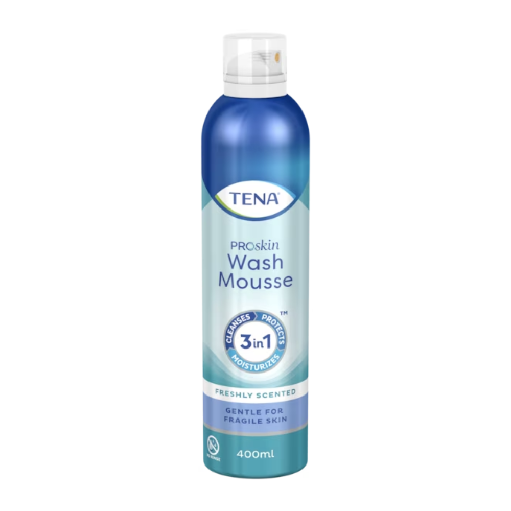 TENA ProSkin Wash Mousse, 3-v-1 umývacia pena (400 ml) od spoločnosti Essity Germany GmbH zaujme modrým dizajnom s bielymi a zelenými akcentmi. Je opísaná ako sviežo voňajúca, čo ju robí perfektnou pre citlivú pokožku, a zároveň ponúka 3-v-1 formulu na čistenie, ochranu a hydratáciu.