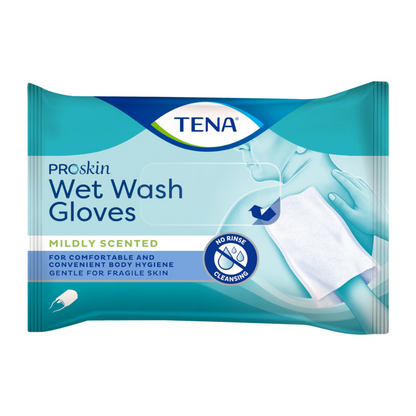 Balenie jemne parfumovaných umývacích rukavíc TENA ProSkin Wet Wash Gloves od spoločnosti TENA - Essity Germany GmbH pre pohodlnú telesnú hygienu je so svojím umývaním bez oplachovania ideálne pre citlivú pokožku. Modro-biele balenie obsahuje všetky dôležité informácie o produkte.