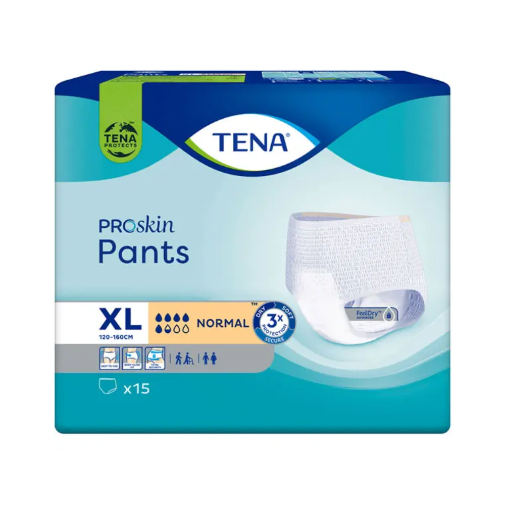 Eine Packung TENA Proskin Pants Normal Inkontinenzhose, auch bekannt als Inkontinenzhose, in Größe XL. Die blau-grüne Verpackung ist für Taillengrößen von 120-160 cm mit normaler Saugfähigkeit gekennzeichnet. Die Packung enthält 15 Pants und ist mit den Logos TENA ProSkin, FeelDry Advanced und Triple Protection versehen, ideal bei Blasenschwäche.