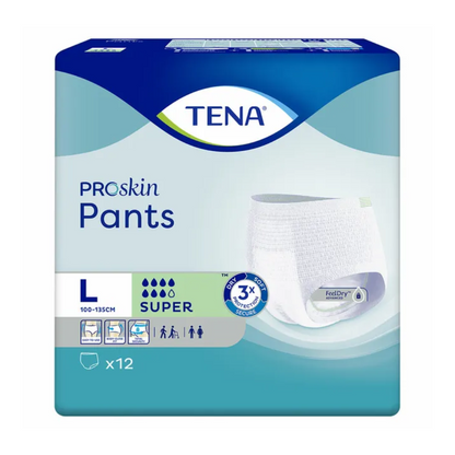 TENA ProSkin Pants Super inkontinenčné nohavičky, veľkosť L od TENA - Essity Germany GmbH, sú vhodné pre obvody pásu medzi 100-135 cm. Balenie sa prezentuje v modro-zelenom dizajne a obsahuje 12 super savých nohavičiek, ktoré sú ideálne na liečbu slabosti močového mechúra. Symboly zdôrazňujú záväzok k pohodliu a ochrane.