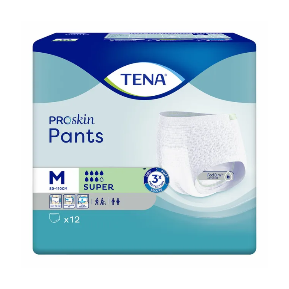 Balenie TENA ProSkin Pants Super inkontinenčných nohavičiek od TENA - Essity Germany GmbH, vhodné pre osoby so slabosťou močového mechúra, veľkosť M (80-110 cm). Zobrazuje obrázok inkontinenčných nohavičiek a symboly, ktoré ukazujú saciu silu a vhodnosť pre pohlavie. Balenie obsahuje 12 nohavičiek.