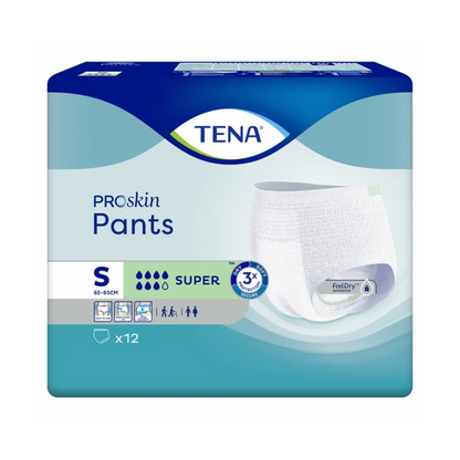 Balenie pre TENA - Essity Germany GmbH TENA ProSkin Pants Super inkontinenčné nohavičky, veľkosť S, vhodné pre obvod pása 65-85 cm. Balenie bolo navrhnuté na liečbu slabosti močového mechúra a zobrazuje obrázok inkontinenčných nohavičiek, ktoré sú označené sacou silou „Super“ a obsahujú „x12“ kusov. Pozadie ukazuje farebný prechod z modrej na bielu.