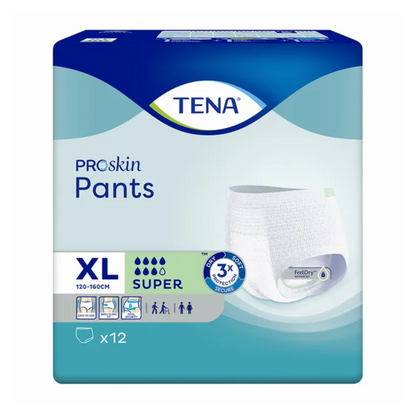 Balenie TENA Proskin Pants Super inkontinenčných nohavičiek od TENA – Essity Germany GmbH, dostupné vo veľkosti XL (120-160 cm), je prispôsobené osobám so slabosťou močového mechúra. Balenie zdôrazňuje saciu silu „Super“ a zobrazuje obrázky, ktoré demonštrujú bezpečné nasadenie a jednoduchú manipuláciu. Každé balenie obsahuje 12 inkontinenčných nohavičiek.