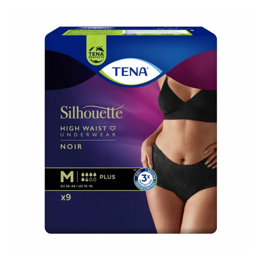Verpackung der TENA Silhouette Plus Noir Inkontinenzpants in Medium Plus mit dem Bild einer Frau, die das Produkt trägt. Die Schachtel enthält 9 Stück und hebt die 3-fach-Schutzfunktion hervor, ideal bei Blasenschwäche. Das TENA-Logo ist oben prominent angebracht.