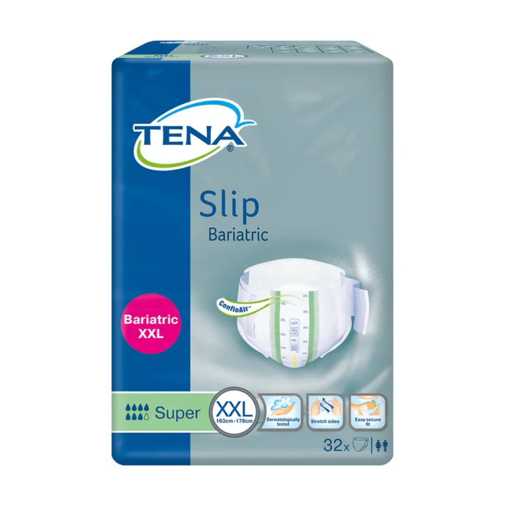 Balenie TENA ProSkin Slip Bariatic Super inkontinenčnej vložky od Essity Germany GmbH, navrhnuté pre osoby s obvodom pásu 163cm-178cm, ponúka komfort vďaka priedušnému materiálu, neutralizátoru zápachu, elastickým stranám a ľahko otvárateľným klapkám. Tento XXL produkt obsahuje 32 plienok pre dospelých.