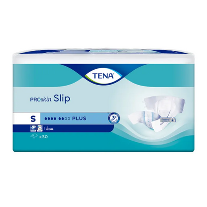 Balenie TENA Slip Plus inkontinenčnej vložky s pásom vo veľkosti S zvýrazňuje názov produktu a malý obrázok plienky pre dospelých na prednej strane. Obsahuje 30 kusov na balenie a zobrazuje modro-bielu značku TENA - Essity Germany GmbH, ktorá zdôrazňuje spoľahlivú ochranu proti pretečeniu pre optimálny komfort a ochranu.