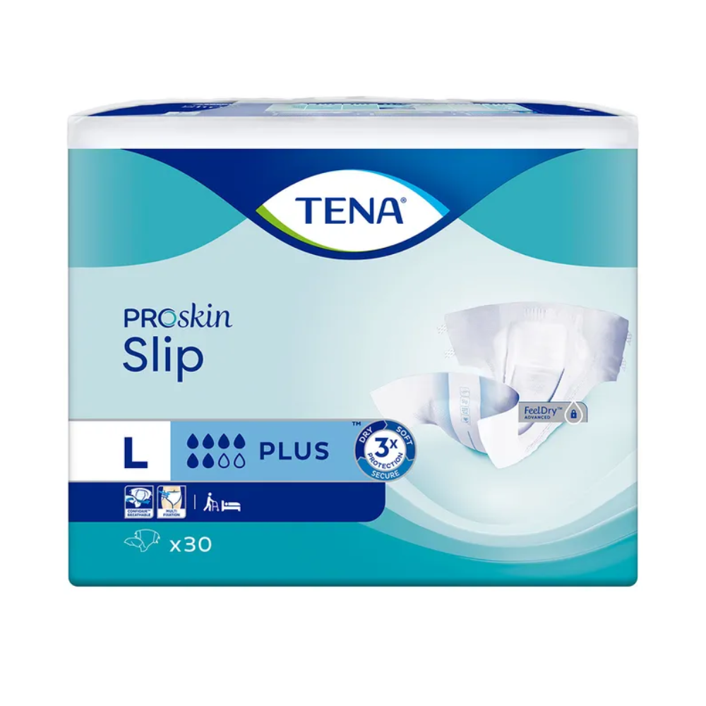 Balenie TENA Slip Plus inkontinenčnej vložky s pásom, vyrobené spoločnosťou TENA – Essity Germany GmbH, veľkosť Large, zvýrazňuje svoj dizajn symbolmi, ktoré poukazujú na vlastnosti ako vynikajúca absorpčná schopnosť a ochrana proti pretečeniu. Farebná schéma je modrá a biela a každé balenie obsahuje 30 kusov.