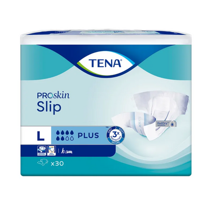 Balenie TENA Slip Plus inkontinenčnej vložky s pásom, vyrobené spoločnosťou TENA – Essity Germany GmbH, veľkosť Large, zvýrazňuje svoj dizajn symbolmi, ktoré poukazujú na vlastnosti ako vynikajúca absorpčná schopnosť a ochrana proti pretečeniu. Farebná schéma je modrá a biela a každé balenie obsahuje 30 kusov.
