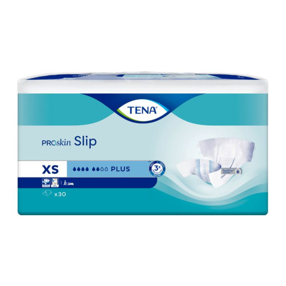 Balenie TENA Slip Plus inkontinenčnej vložky s pásom vo veľkosti XS je navrhnuté v modro-bielej farbe. Na prednej strane je zobrazený obrázok produktu, ktorý poukazuje na ochranu proti pretečeniu a veľkosť balenia 30 kusov.