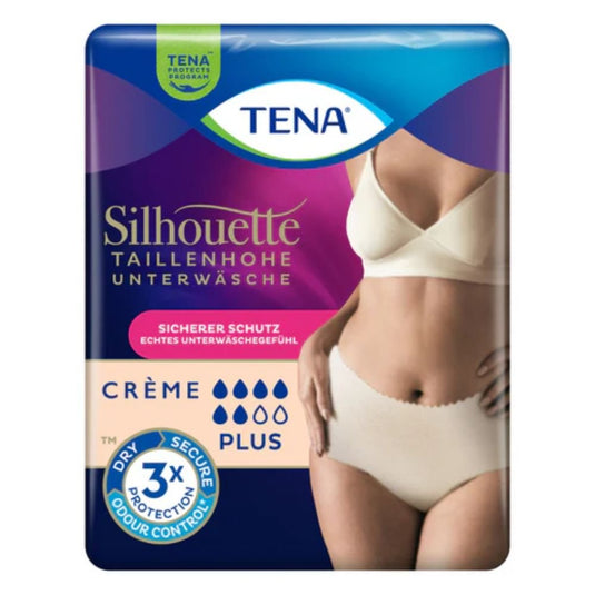 Balenie inkontinenčných nohavičiek TENA Silhouette Plus Creme od spoločnosti TENA – Essity Germany GmbH, na ktorom je vyobrazená žena predvádzajúca tento výrobok. Balenie ponúka spoľahlivú ochranu, trojnásobnú kontrolu zápachu a zvýšenú savosť pri inkontinencii.