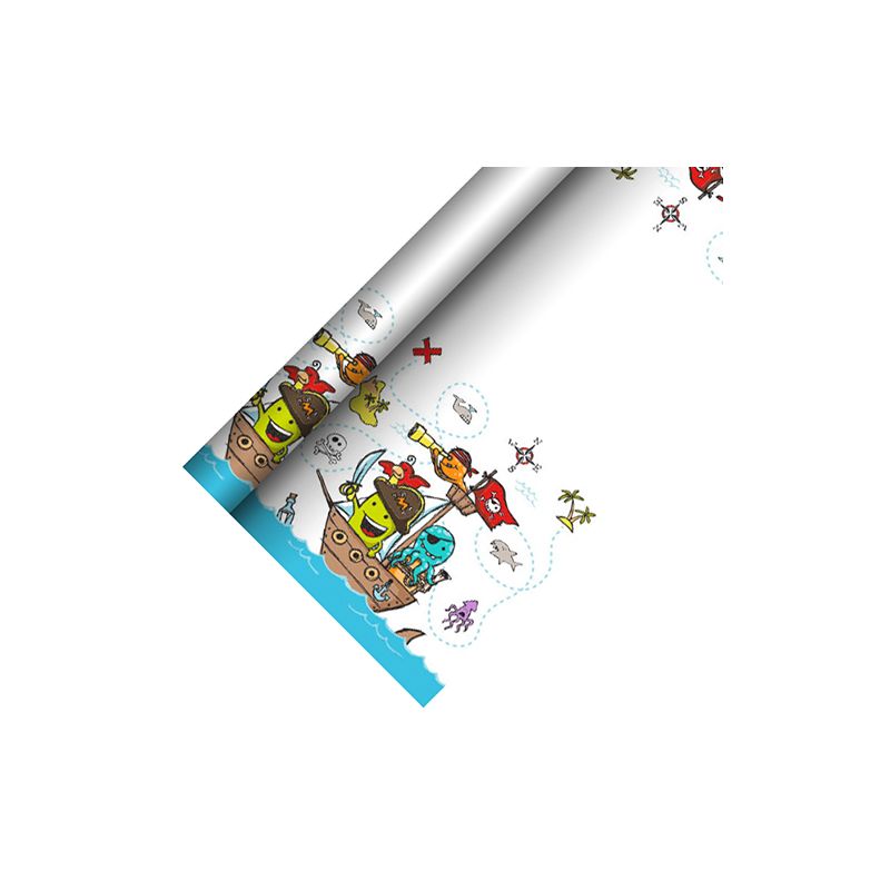 Obrázok vzoru mapy pokladu na papierovom obruse PAPSTAR od spoločnosti PAPSTAR GmbH, s pirátskymi loďami, truhlami s pokladmi, ostrovmi a morskými tvormi. Poskladaná časť ukazuje opakujúci sa dizajn a dodáva každému dobrodružnému dekoru šarmantný nádych.