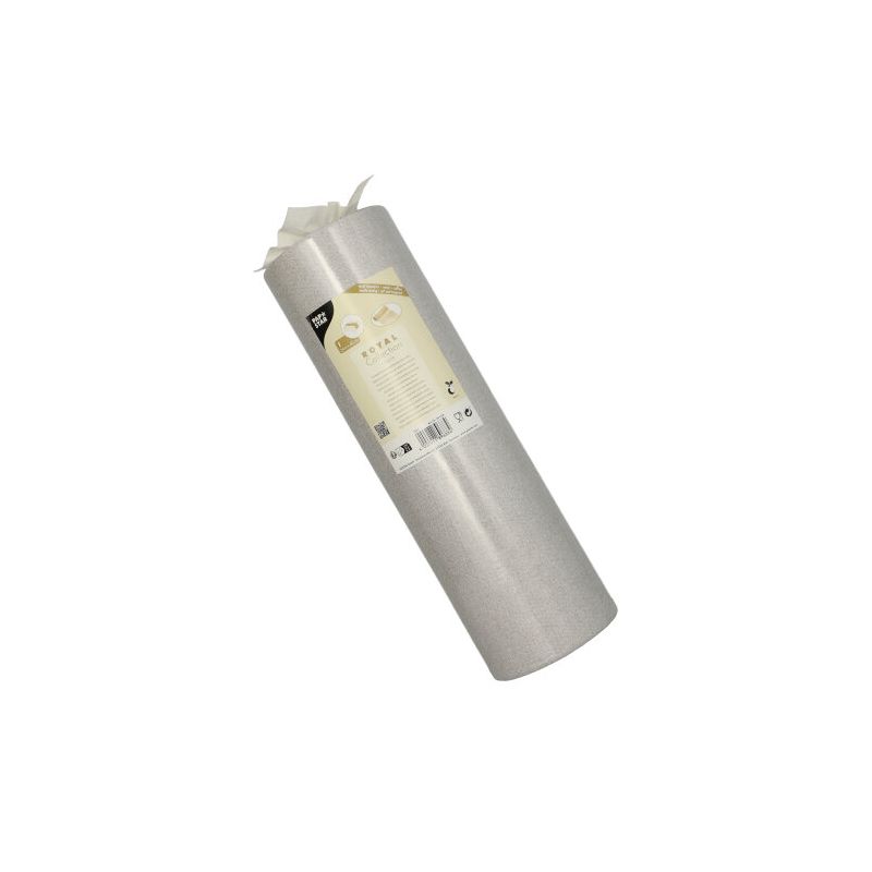 Rolka PAPSTAR stolového bežca látkového vzhľadu PV-Tissue Mix „ROYAL Collection“ od PAPSTAR GmbH je elegantne označená informáciami o produkte. Rolka stojí vzpriamene pred jednoduchým bielym pozadím a ukazuje svoju vysokokvalitnú zmes celulózovej viskózy.