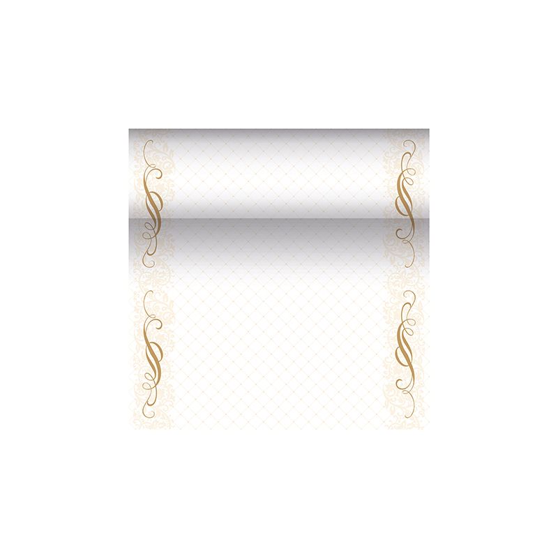 Dekoratívna šablóna certifikátu z PAPSTAR „ROYAL Collection“ vyzdvihuje pozadie s farebným prechodom s ozdobnými zlatými okrajmi, ktoré obsahujú elegantné, víriace kvetinové vzory. Centrálna oblasť je ponechaná pre text alebo individuálny dizajn a vyžaruje sofistikovaný nádych, ktorý pripomína dizajny PAPSTAR bežca na stôl podobného látke PV-Tissue Mix.