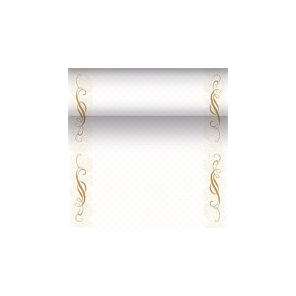 Dekoratívna šablóna certifikátu z PAPSTAR „ROYAL Collection“ vyzdvihuje pozadie s farebným prechodom s ozdobnými zlatými okrajmi, ktoré obsahujú elegantné, víriace kvetinové vzory. Centrálna oblasť je ponechaná pre text alebo individuálny dizajn a vyžaruje sofistikovaný nádych, ktorý pripomína dizajny PAPSTAR bežca na stôl podobného látke PV-Tissue Mix.