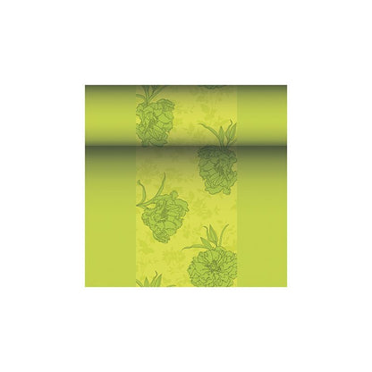 Na obrázku je rolka tapety s kvetinovým vzorom v zelených tónoch, ktorá pripomína vznešenú ROYAL Collection spoločnosti PAPSTAR GmbH. Tento dizajn zobrazuje veľké kvety v trochu tmavšej zelenej na svetlejšom zelenom pozadí a vyžaruje elegantný šarm, ktorý sa podobá na PAPSTAR bežca na stôl podobného látke PV-Tissue Mix „ROYAL Collection“ v rozmeroch 24 m x 40 cm.
