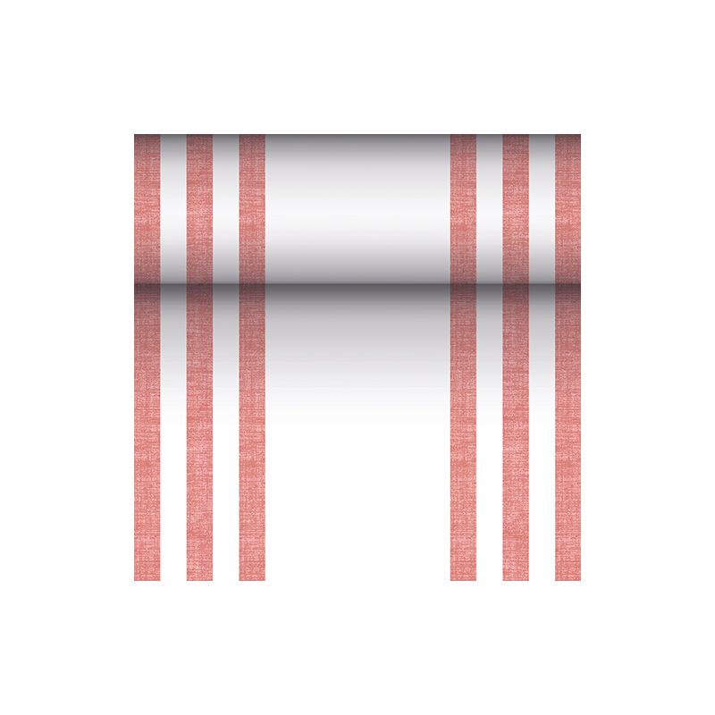 Textílii podobný stolový behúň PV-Tkaninová zmes „ROYAL Collection“ od PAPSTAR GmbH v rozmeroch 24 m x 40 cm vyniká výrazným dizajnom zo šiestich vertikálnych červených línií, doplnených centrálnym horizontálnym prechodom farieb od čiernej po bielu na bezchybne bielom pozadí.