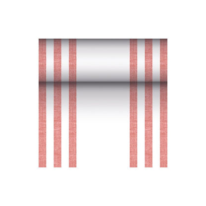 Textílii podobný stolový behúň PV-Tkaninová zmes „ROYAL Collection“ od PAPSTAR GmbH v rozmeroch 24 m x 40 cm vyniká výrazným dizajnom zo šiestich vertikálnych červených línií, doplnených centrálnym horizontálnym prechodom farieb od čiernej po bielu na bezchybne bielom pozadí.