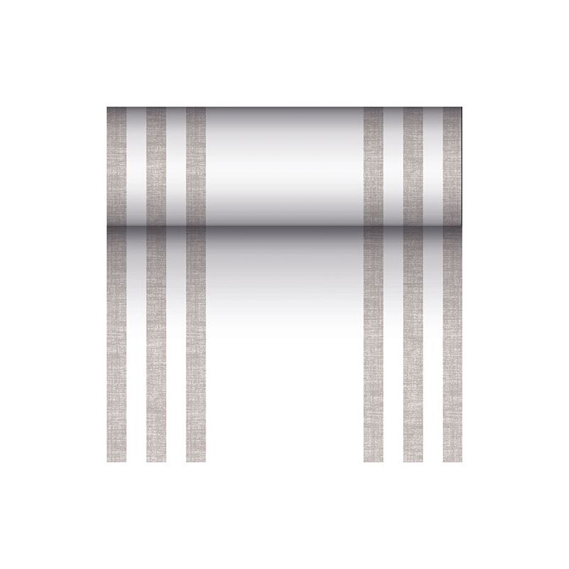 Kovovo reflexný valec je zavesený na troch vertikálnych, paralelných hnedých líniách na každej strane, čo pripomína moderný dizajn PAPSTAR textílii podobného stolového behúňa PV-Tkaninová zmes z „ROYAL Collection“ pred bielym pozadím.