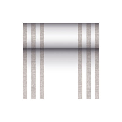 Kovovo reflexný valec je zavesený na troch vertikálnych, paralelných hnedých líniách na každej strane, čo pripomína moderný dizajn PAPSTAR textílii podobného stolového behúňa PV-Tkaninová zmes z „ROYAL Collection“ pred bielym pozadím.