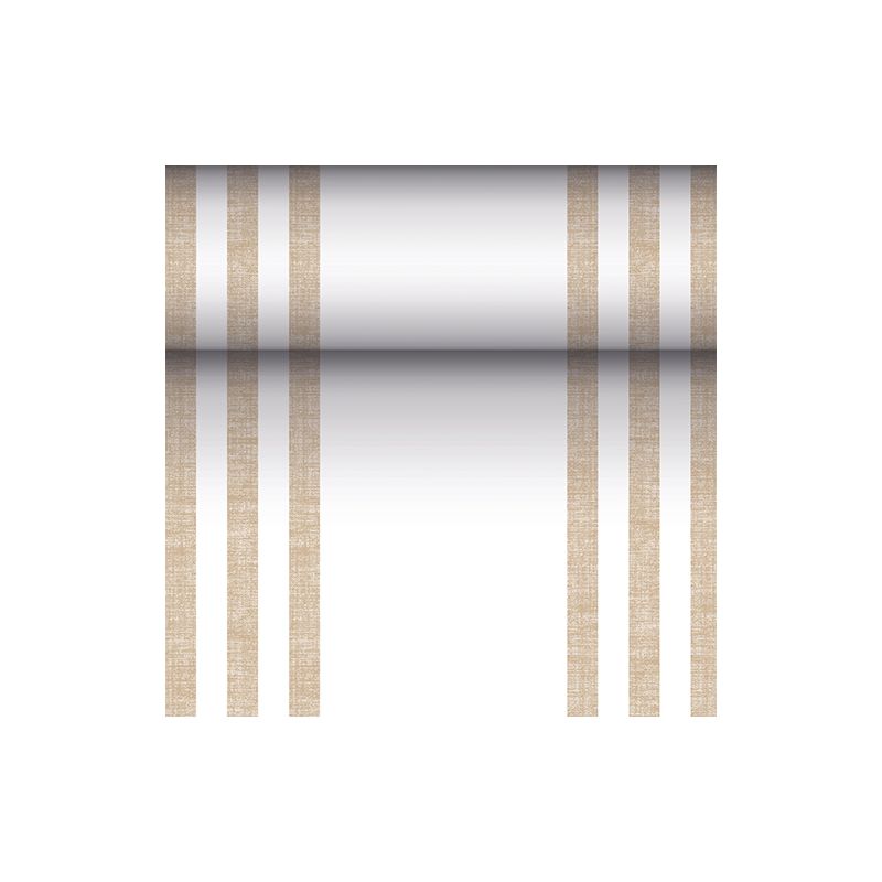 PAPSTAR bežec na stôl podobný látke PV-Tissue Mix „ROYAL Collection“ spoločnosti PAPSTAR GmbH je obdĺžnikový bežec s rozmermi 24 metrov krát 40 centimetrov, ktorého biely povrch je na každej strane ozdobený dvoma pármi vertikálnych hnedých línií, ktoré vytvárajú symetrický vzhľad. V strede sa nachádza farebný prechod, ktorý začína tmavo v strede a smerom k okrajom sa zosvetľuje.