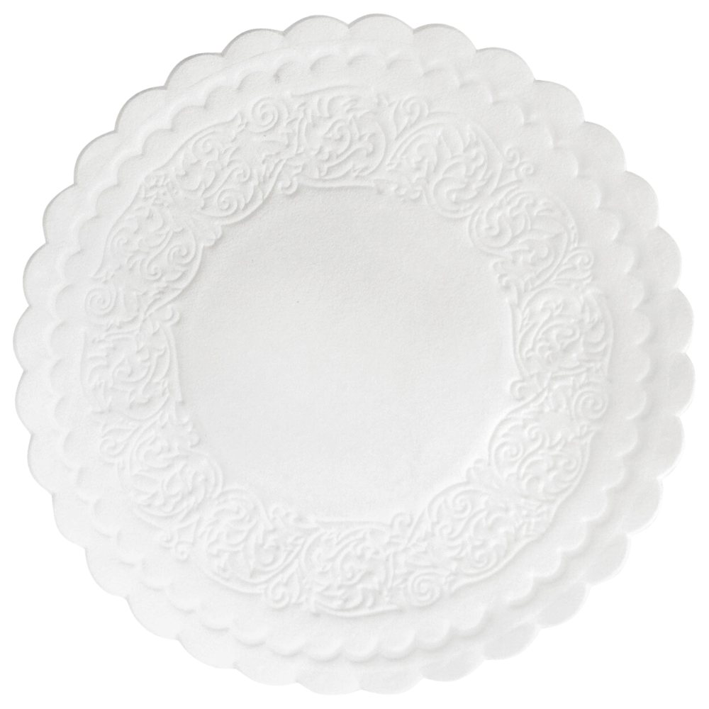 Okrúhly, biely podložka z tkaniny od Duni GmbH s priemerom 9 cm, viacerými vrstvami a zvlnenými okrajmi, ako aj s náročne vytlačenými vzormi na okraji. Tento produkt je dodávaný v balení s 500 kusmi.