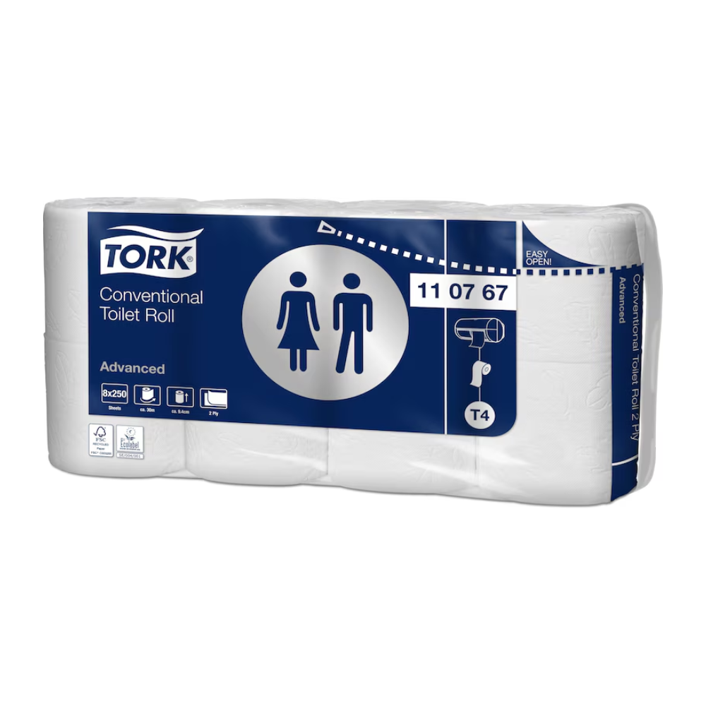 Toaletný papier Tork 110767 Advanced T4, značka TORK – Essity Professional Hygiene Germany GmbH, je dostupný v modro-bielom dizajne so symbolmi, ktoré označujú vhodnosť pre pánske a dámske toalety. Tento balík obsahuje šesť mäkkých roliek toaletného papiera.