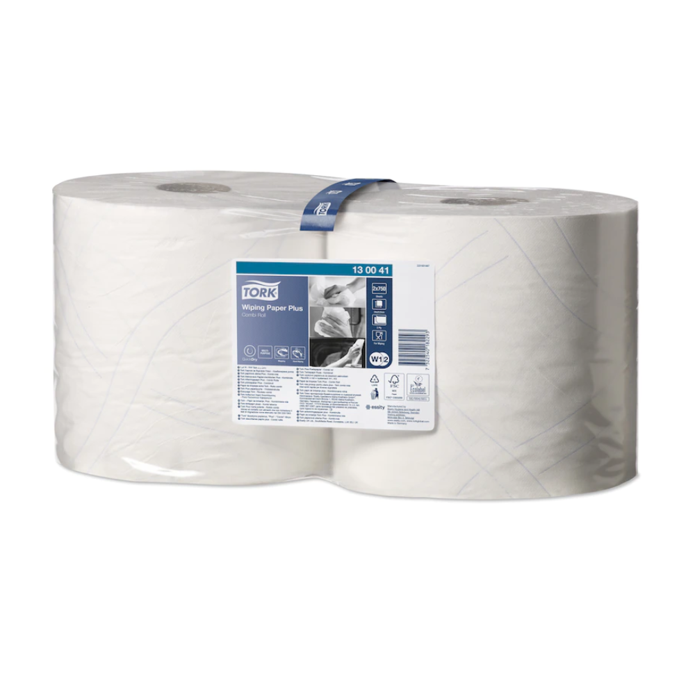Balenie obsahuje dve veľké role Tork 130041 Silné viacúčelové papierové utierky Premium, čiastočne zabalené v priehľadnom plaste. Štítok zobrazuje podrobnosti o produkte a ochranné známky v modro-bielej farebnej schéme. Tieto utierky QuickDry™ sú kompatibilné s dávkovačmi Tork a dajú sa ľahko používať.