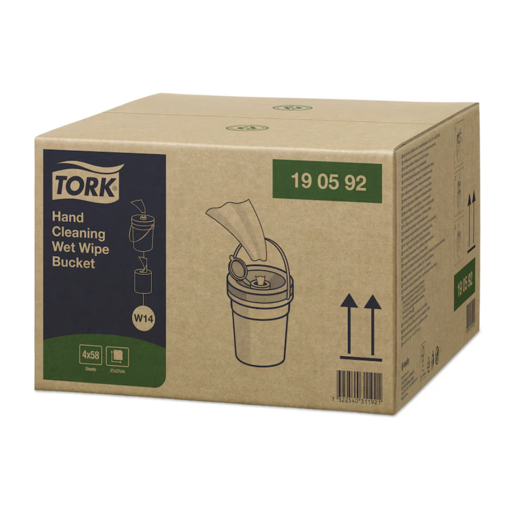 Kartón Tork 190592 vlhčených utierok na čistenie rúk Premium W14 1-vrstvový od TORK – Essity Professional Hygiene Germany GmbH obsahuje štyri vedrá a zobrazuje obrázok vedra s vlhčenými utierkami a produktové detaily pre čistenie rúk bez vody, všetko v profesionálnej kvalite.