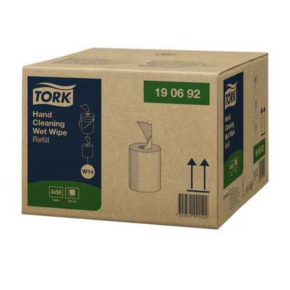 Kartónové balenie Tork 190692 vlhčených utierok na ruky náplň Premium W14 1-vrstvový od TORK - Essity Professional Hygiene Germany GmbH | Kartón (4 balenia). Krabica ukazuje jednoduchú čiarovú kresbu dávkovača vlhčených utierok a obsahuje podrobnosti o produkte, ako sú veľkosť a množstvo. Ideálne na odstránenie oleja a nečistôt, čiarový kód a orientačné šípky sú jasne viditeľné.