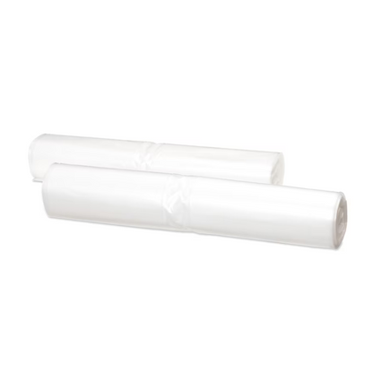 Dve role transparentných Tork 204060-vreciek na odpad z recyklovaného materiálu sú umiestnené vedľa seba na jednoduchom bielom pozadí.