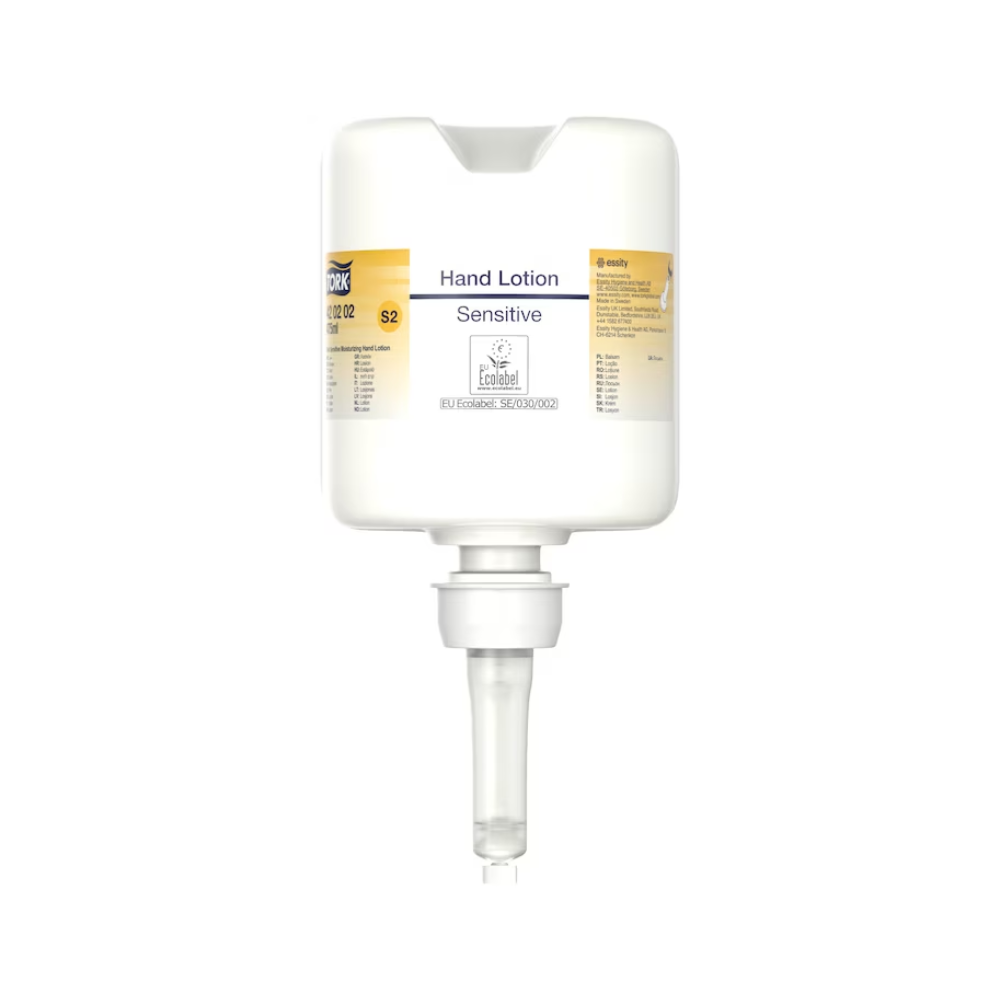 Dávkovač na krém na ruky Tork 420202 v bielej farbe s priehľadnou tryskou a nápisom „Sensitive Feuchtigkeitsspendende Handdesinfektion“ v malom písme ponúka minimalistický dizajn, ktorý sa zameriava na dávkovanie hydratačného krému, ideálny pre starostlivosť o citlivú pokožku.