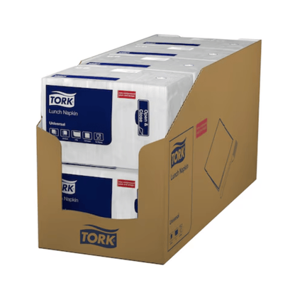 Kartón s viacerými baleniami Tork 509300 obedová servítka biela univerzálna 1-vrstvová od TORK – Essity Professional Hygiene Germany GmbH. Prevažne biele balenie má modré a červené akcenty, zobrazuje názov značky, detaily produktu a zdôrazňuje, že servítky sú priemyselne kompostovateľné, čo ich robí ideálnymi pre rýchle občerstvenie.