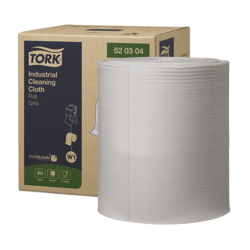 Zobrazená je veľká rolka sivých priemyselných čistiacich utierok Tork 520304 v škatuli s nápisom „TORK – Essity Professional Hygiene Germany GmbH“. Na nej je zobrazená ruka, ktorá vyťahuje utierku, ideálnu na odstránenie oleja, tuku a špiny.
