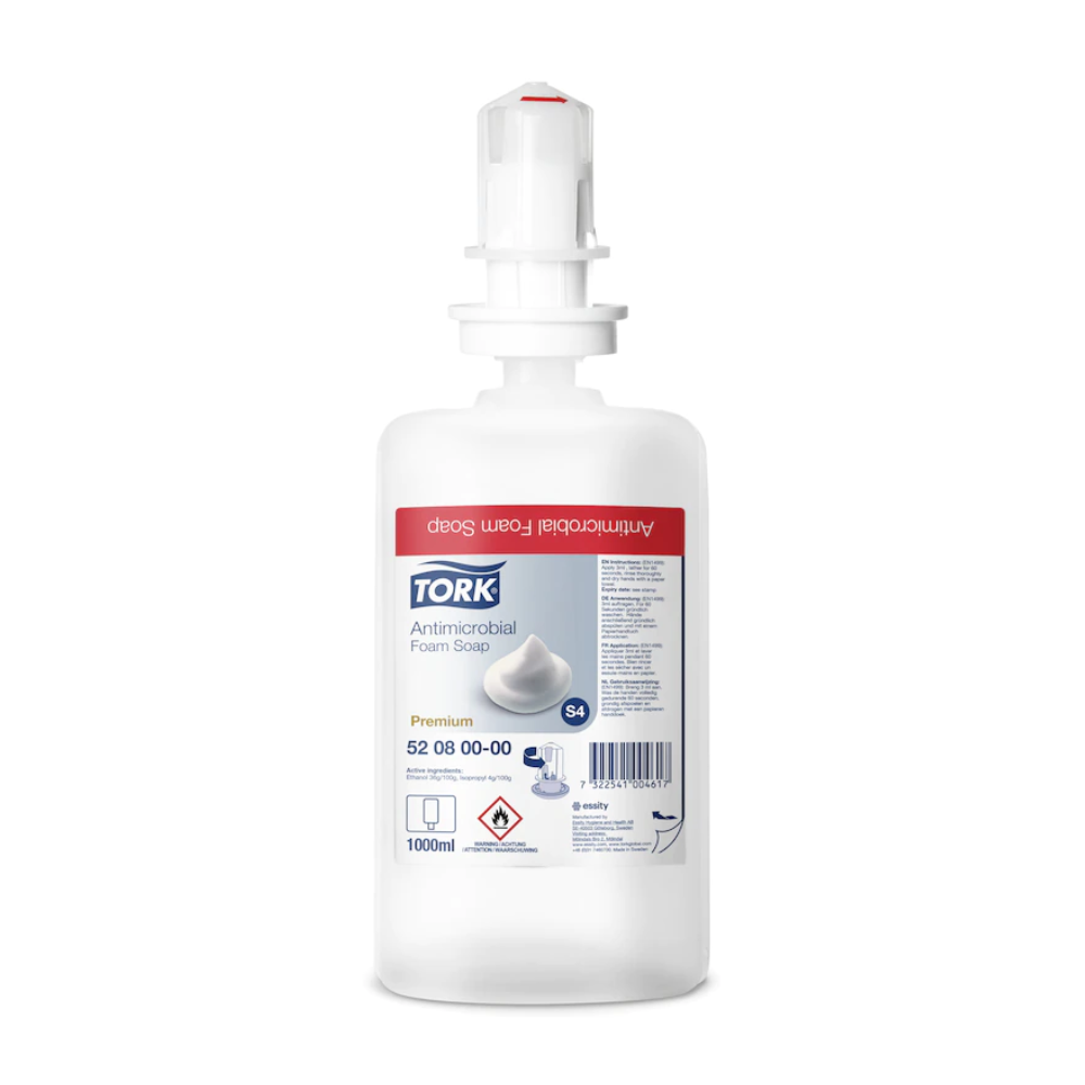 1000 ml Tork 520800 penové mydlo na dekontamináciu rúk Premium S4 fľaša od TORK - Essity Professional Hygiene Germany GmbH, s bielou dávkovacou hlavicou a červenou etiketou. Certifikované podľa EN 1499, ideálne pre efektívnu dekontamináciu rúk.